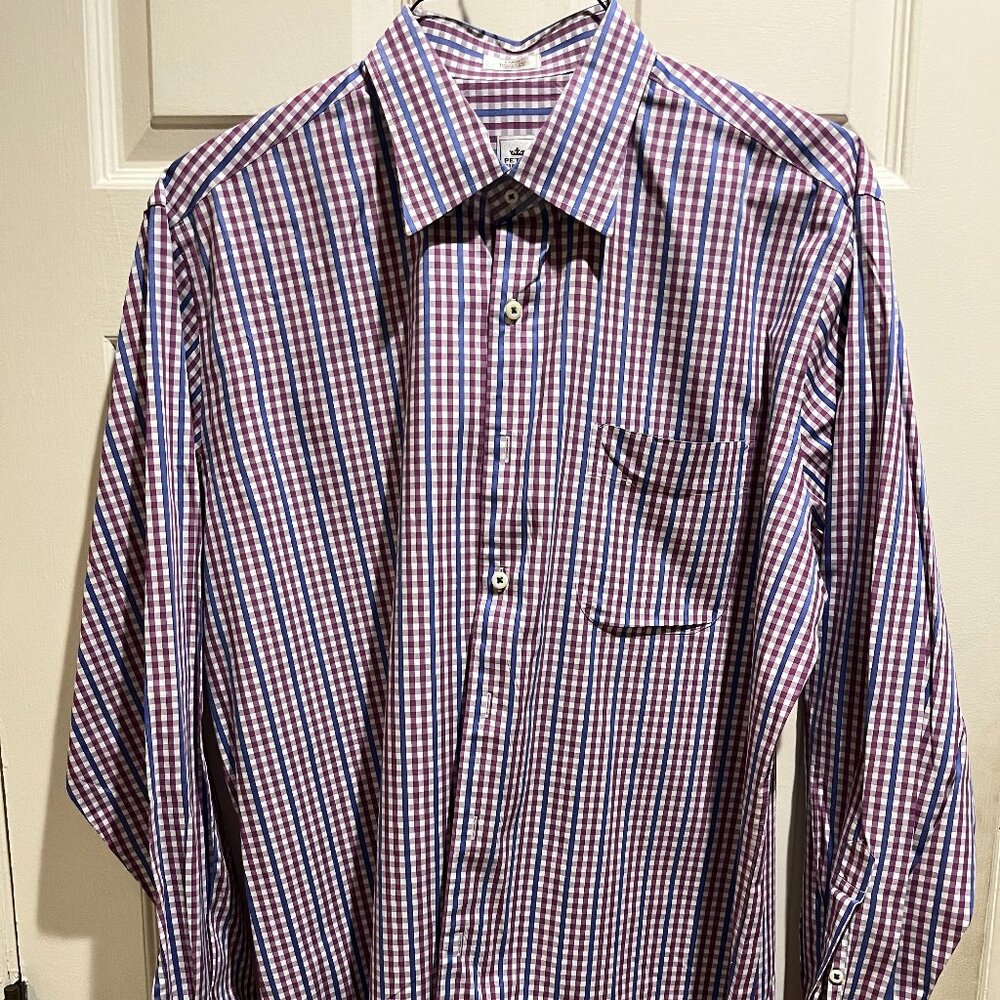 Peter Millar button down blue and red plaid long sleeve Large